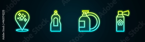 Set line Home cleaning service, Dishwashing liquid bottle, and Air freshener spray. Glowing neon icon. Vector