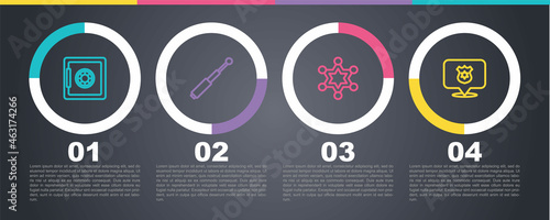 Set line Safe, Telescopic baton, Hexagram sheriff and Police badge. Business infographic template. Vector