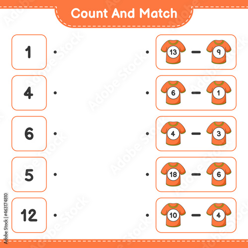 Count and match, count the number of T-shirt and match with the right numbers. Educational children game, printable worksheet, vector illustration