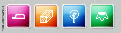 Set line Hacksaw, Wooden beam, Tree and stump. Colorful square button. Vector
