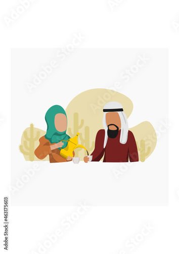 Editable Vector of Arab Woman Pouring Arabic Coffee From Dallah Pot into Finjan Cup for Her Husband Illustration for Islamic Moments or Arabian Culture Cafe and Family Related Design