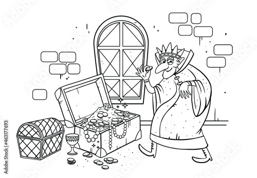 Fabulous illustration. Koschei is immortal. Chests of gold. The miser. Money. Wealth Coloring Book for kids. The man in the crown. Russian folklore.