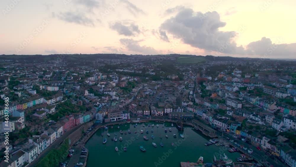 Sunset over Brixham Marina and Harbour from a drone, Brixam, Devon, England, Europe Sunset over Brixham Marina and Harbour from a drone, Brixam, Devon, England, Europe