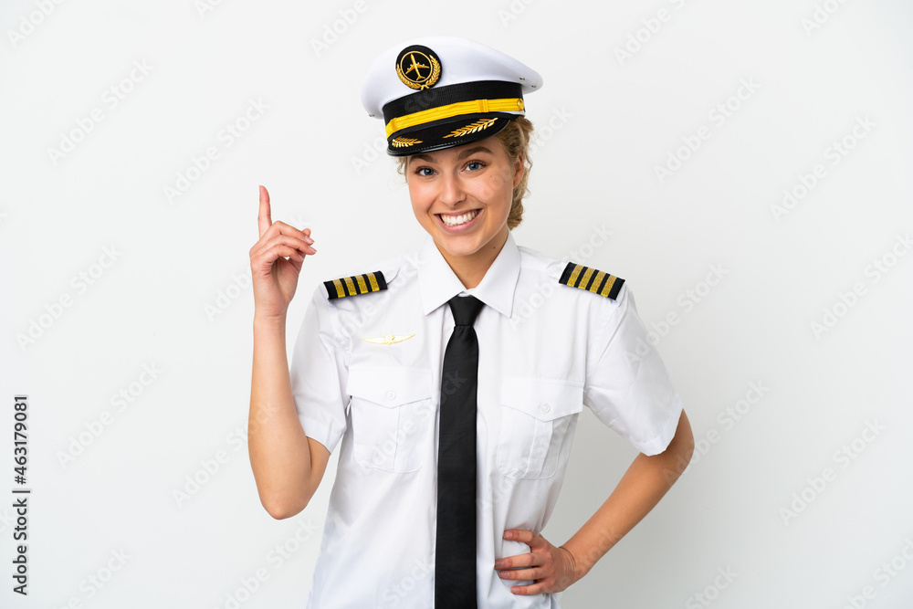 Airplane blonde woman pilot isolated on white background pointing up a great idea