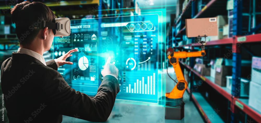 Future virtual reality technology for innovative VR warehouse management .  Concept of smart technology for industrial revolution and automated  logistic control . foto de Stock | Adobe Stock