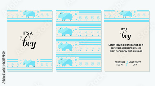 It's a boy Baby  shower set invitation with Seamless pattern  blue Cute hippo. kids card print template.