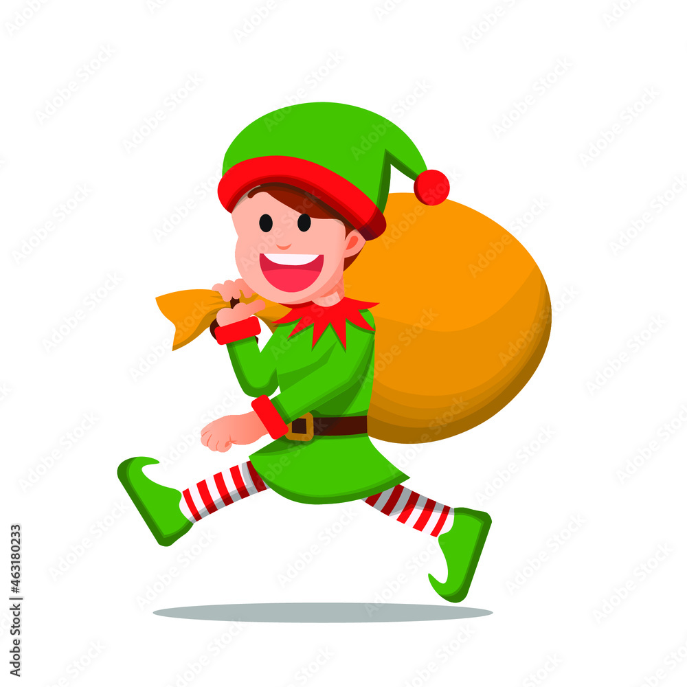 Boy with elf attribute carrying a large sack filled with gifts Boy with elf attribute carrying a large sack filled with gifts
