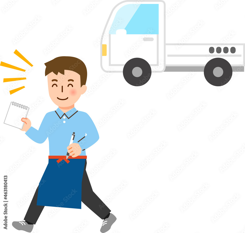 Obraz premium メモ帳を持って駆けつける御用聞きの男性