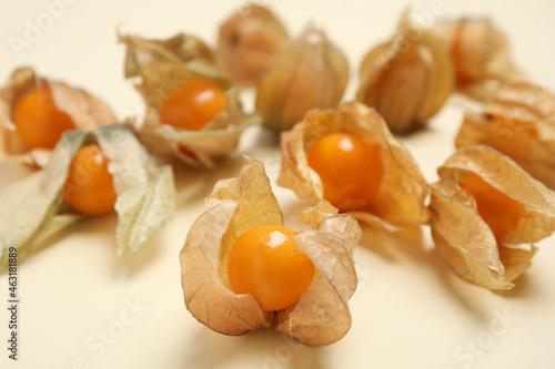 Ripe physalis fruits with dry husk on beige background, closeup