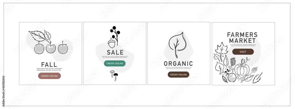 Set web banner of harvest festival and farmer market with place for text. Vector line illustration. Announcement of autumn seasonal local fair. Agricultural farm trade event. 