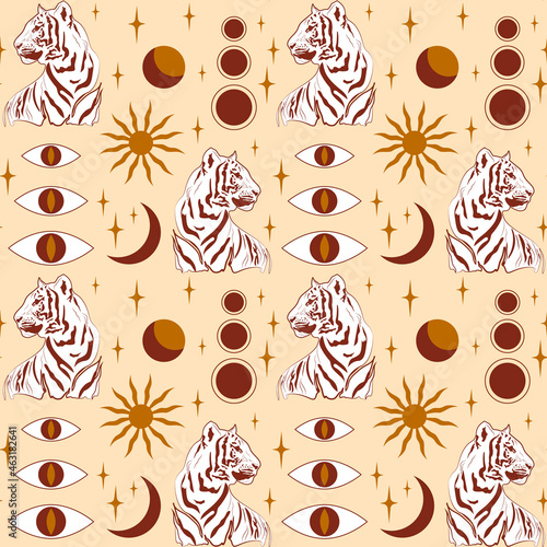 Pattern with the head of a Chinese tiger, sun and moon, esoteric symbols. Vector illustration. For packaging and prints, fabric printing, covers and brochures, flyers and wallpapers.