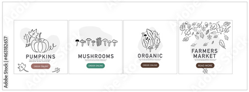 Set web banner of harvest festival and farmer market with place for text. Vector line illustration. Announcement of autumn seasonal local fair. Agricultural farm trade event. 