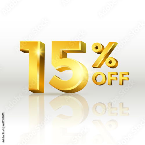 15 percent off glossy gold text vector in 3d style isolated on white background with reflection for marketing design
