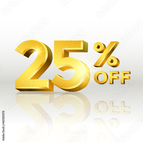 25 percent off glossy gold text vector in 3d style isolated on white background with reflection for marketing design
