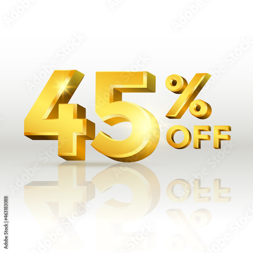 45 percent off glossy gold text vector in 3d style isolated on white background with reflection for marketing design