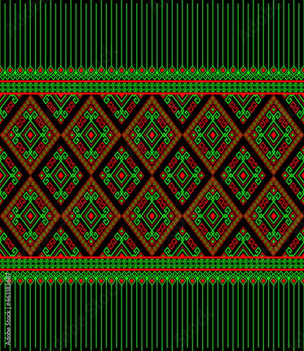 Green Red Ethnic or Tribal Seamless Pattern on Black Background in Symmetry Rhombus Geometric Bohemian Style for Clothing or Apparel,Embroidery,Fabric,Package Design