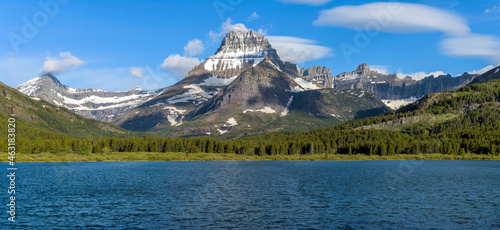 Mount Wilbur - A panoramic Spring morning view of Mount Wilbur, towering at west shore of Swiftcurrent Lake. Many Glacier, Glacier National Park, Montana, USA. photo
