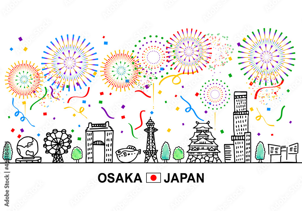 Obraz premium 大阪の街並みと5色の花火と紙吹雪のシンプル線画