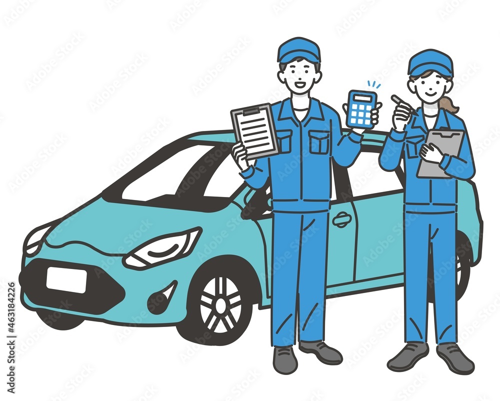 自動車と見積もりや点検をする自動車整備士のベクターイラスト素材 車 車検 修理 Stock Vector Adobe Stock