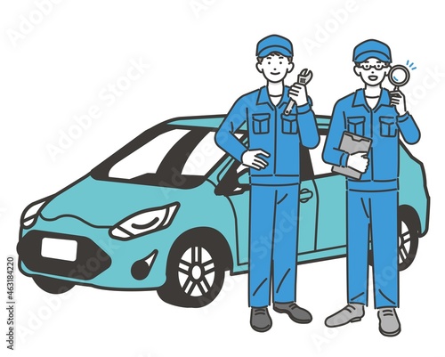 自動車とバインダーや虫眼鏡を持つ自動車整備士のベクターイラスト素材／車／車検／修理