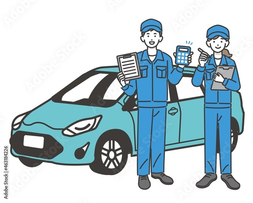 自動車と見積もりや点検をする自動車整備士のベクターイラスト素材／車／車検／修理