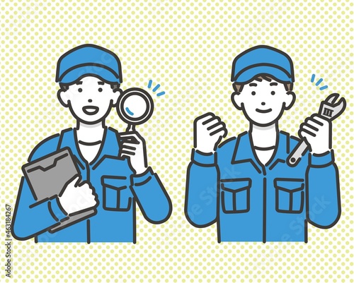 レンチを持ってガッツポーズをとったり、虫眼鏡を持つ自動車整備士の全身ベクターイラスト素材／メンテナンス／車検／修理