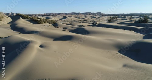 Aerial drone pan shot of date trees and sand dunes, Beris of darak, persian gulf or oman sea coast chabahar, iran. photo