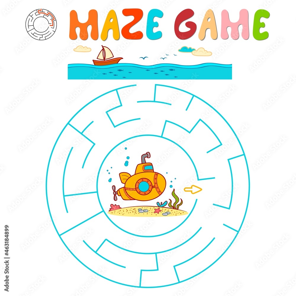 Fototapeta premium Maze puzzle game for children. Circle maze or labyrinth game with submarine.