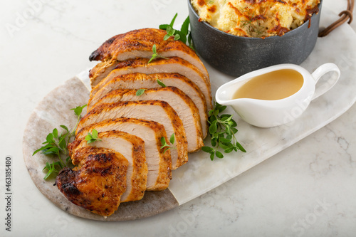 Εκτύπωση καμβά Roasted turkey breast sliced on a plate for holidays