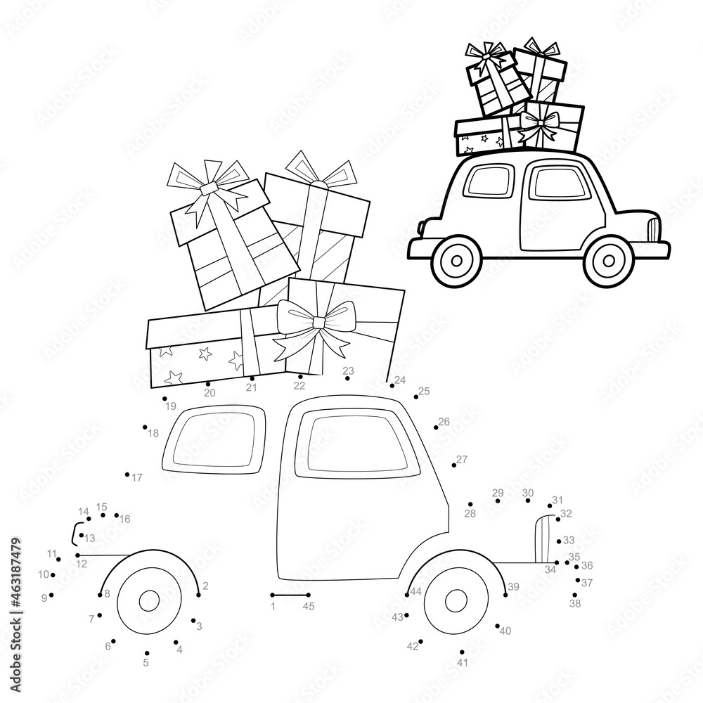 Dot to dot Christmas puzzle for children. Connect dots game. Car and gifts