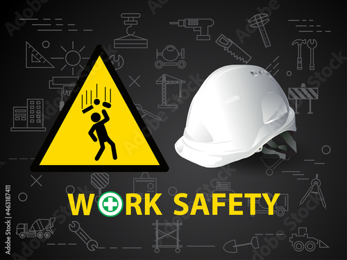 Falling objects,  warning sign, safety first, Engineer helmet ,Construction concept, vector illustration.