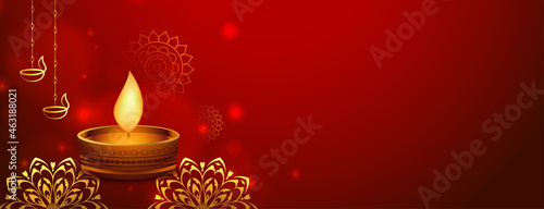 red happy diwali web banner with diya in golden style