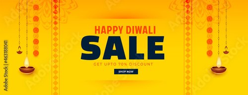 happy diwali yellow sale banner with flower and diya