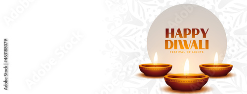 happy diwali festival banner with glowing diya and text space