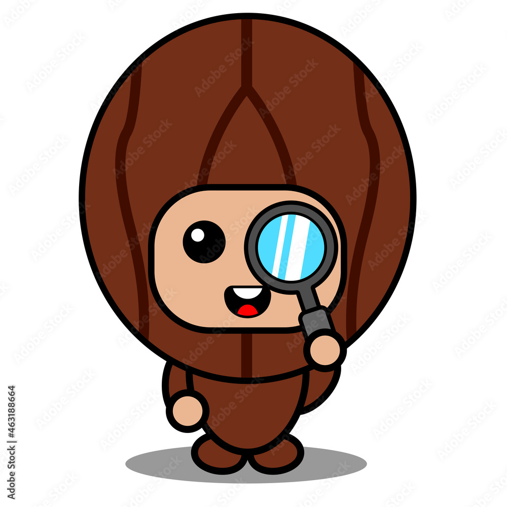 Obraz premium vector cartoon cute nutmeg spice mascot costume character wearing farmer's hat and holding a magnifying glass