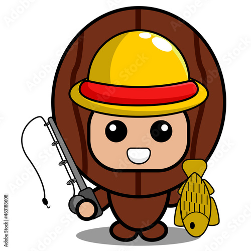 cartoon vector cute nutmeg spice mascot costume character wearing farmer hat and fishing