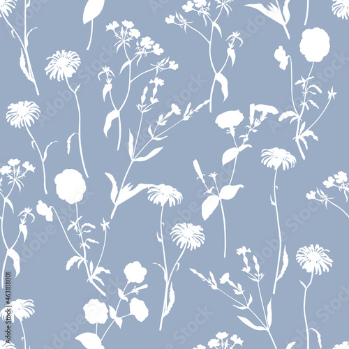 Monochrome floral vector pattern with silhouettes of white flowers. Gray background.