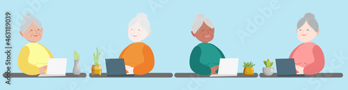Collection of 4 Happy granny with a laptop sitting at the table. Succulents and cacti are a potted plant. Vector illustration. The concept of teaching elderly people to use gadgets.
