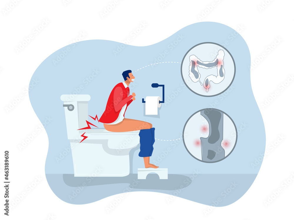 man sitting on the toilet and suffering from hemorrhoids. Problem with health, feeling bad flat vector illustration man sitting on the toilet and suffering from hemorrhoids. Problem with health, feeling bad flat vector illustration
