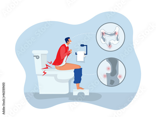 man sitting on the toilet and suffering from hemorrhoids. Problem with health, feeling bad flat vector illustration
