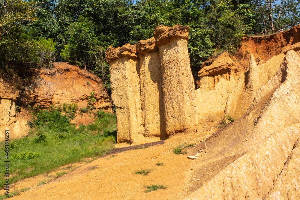 Within a national park named Phae Mueang Phi caused by the terrain which is the soil and sandstone was naturally eroded into various shapes that are In Phrae Province of Thailand.