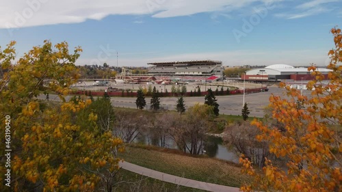 Calgary Alberta Canada, October 05 2021: Aerial shot of Stampede Park exhibition through autumn trees. photo