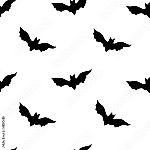 Halloween seamless vector repeat pattern with black bat silhouettes on white background. Minimalistic Halloween backdrop.