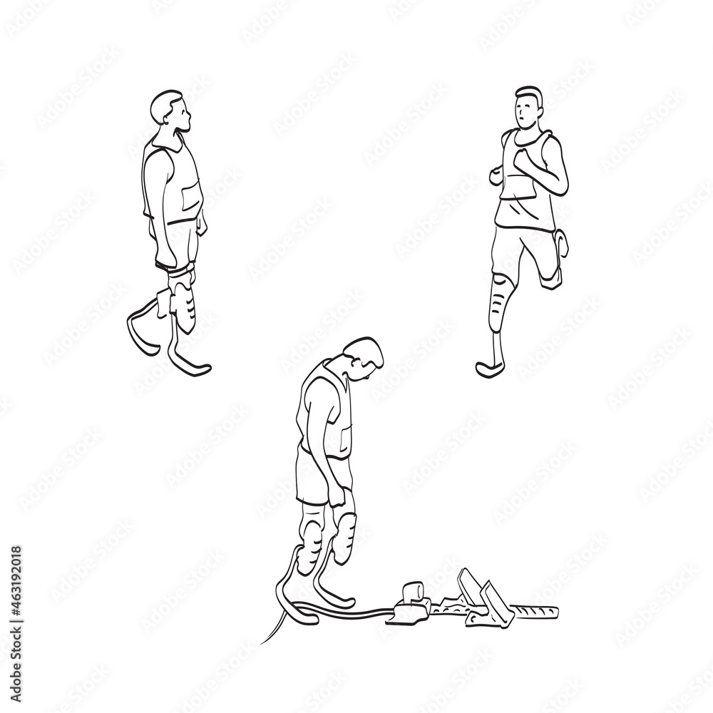 Fototapeta premium physically disabled male athlete with prosthetic legs illustration vector isolated on white background line art.