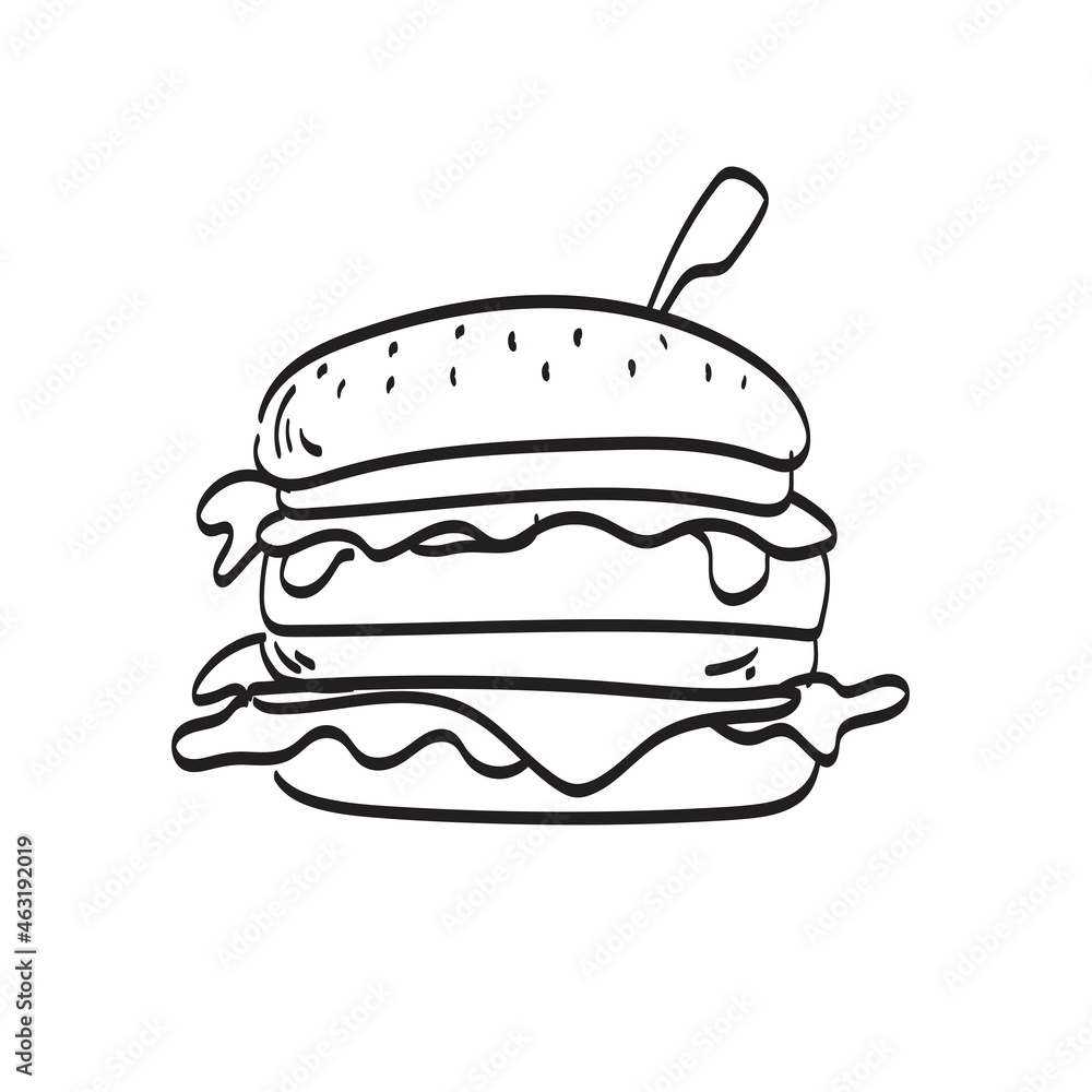 hamburger with wood skewer illustration vector isolated on white background line art. hamburger with wood skewer illustration vector isolated on white background line art.