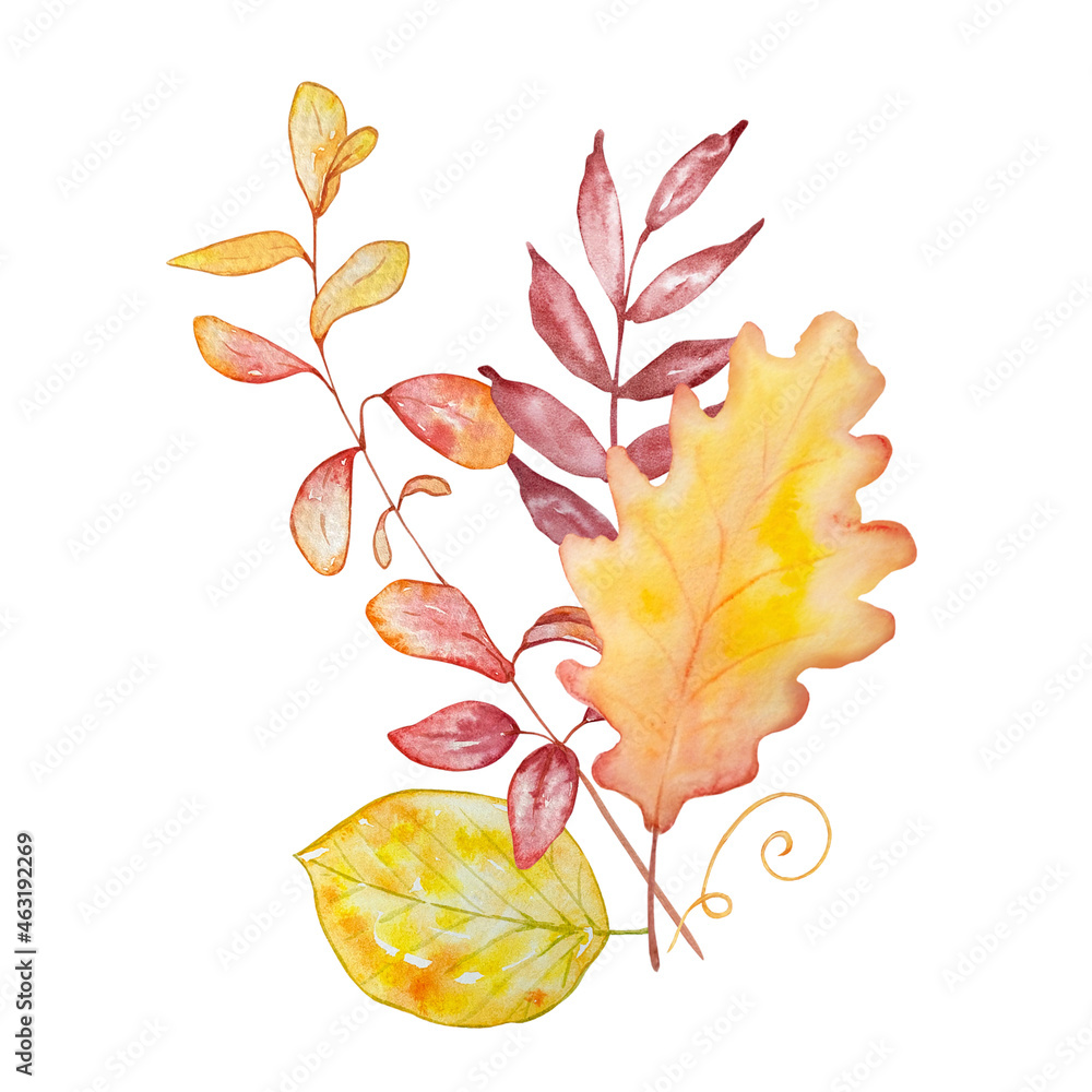 Watercolor autumn bouquet of bright leaves..