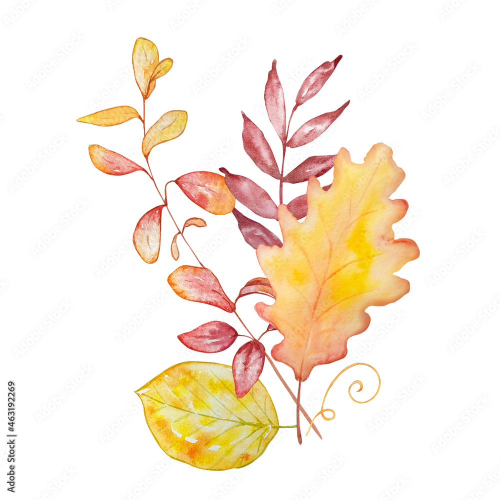 Watercolor autumn bouquet of bright leaves.. Watercolor autumn bouquet of bright leaves..