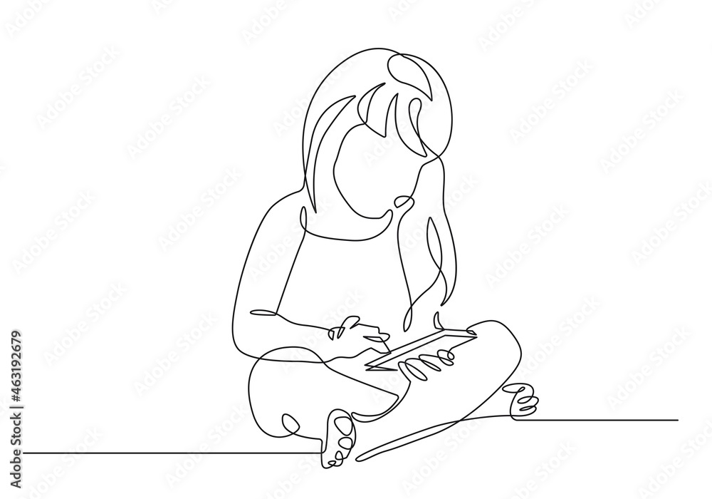 Girl with Tablet Continuous Line Art Drawing. Abstract Girl Reading One Line Drawing for Wall Art, Prints, Posters. Art Sketch, Trendy Single Line Art, Poster. Vector EPS 10