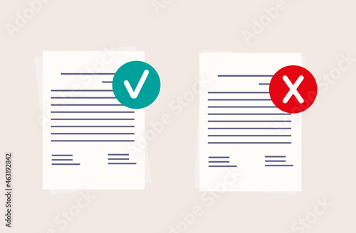 Approve or rejected form. Set of confirmed, decline and verified paper documents with check mark and cross. Page, report, checklist, or task. Approval, validate request form. Vector illustration