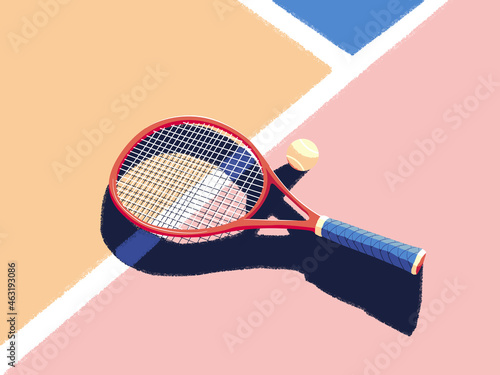 Illustration of tennis racket and tennis ball on court. Textured effect. Color background. Print illustration, poster design.